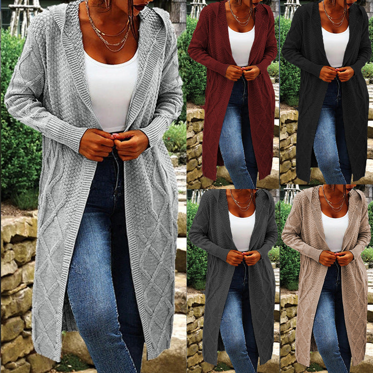 Damen Strickcardigan Lang Hochkragen Zopfmuster Norvielle - Norvielle