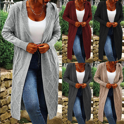 Damen Strickcardigan Lang Hochkragen Zopfmuster Norvielle - Norvielle