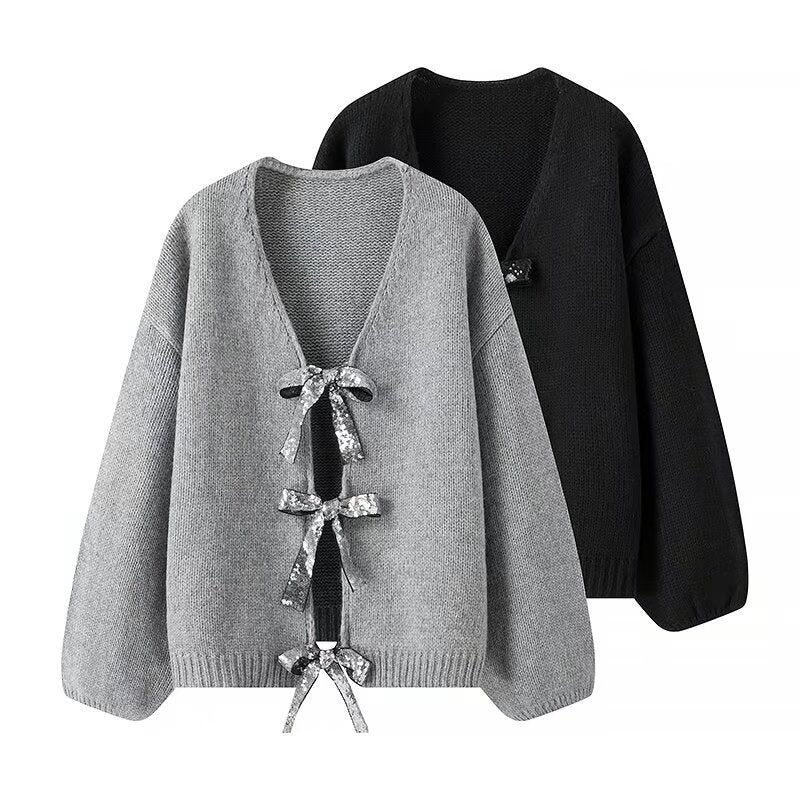 Damen Strickjacke Lockere Passform Elegante Schleifen Details Beige - Norvielle