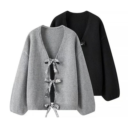 Damen Strickjacke Lockere Passform Elegante Schleifen Details Beige - Norvielle