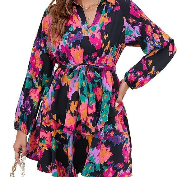 Damen Blusenkleid Floralmuster Bindegürtel Norvielle