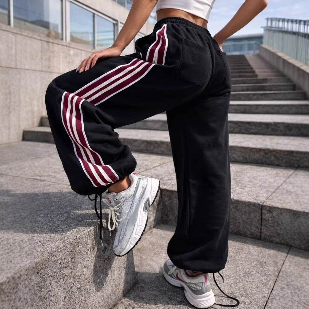Damen Sportfreizeithose Elastischer Bund Seitliche Streifen Schwarz - Norvielle