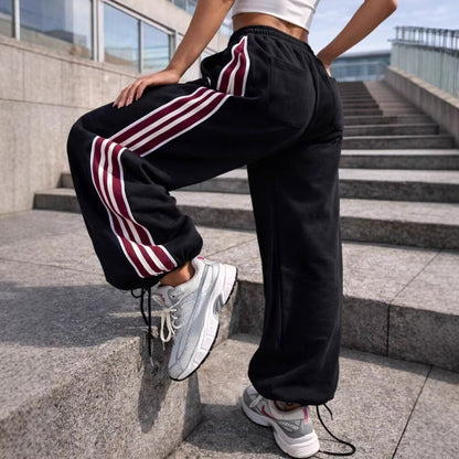 Damen Sportfreizeithose Elastischer Bund Seitliche Streifen Schwarz - Norvielle