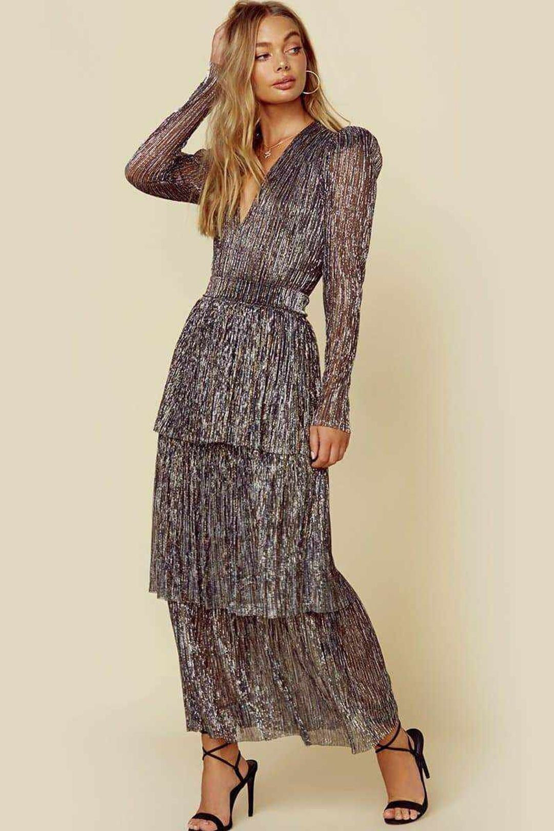 Damen Abendkleid Plissiert Schimmernd Länge Langärmelig