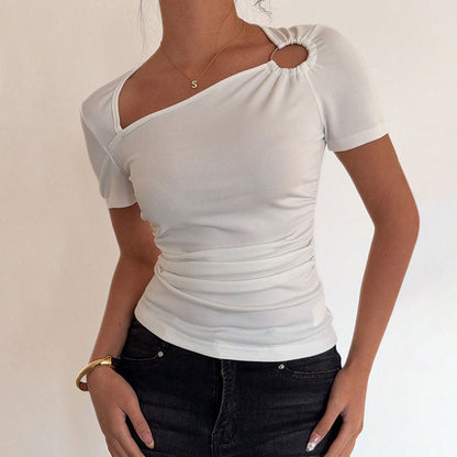 Damen Kurzarmshirt Asymmetrischer Ausschnitt Raffung Norvielle