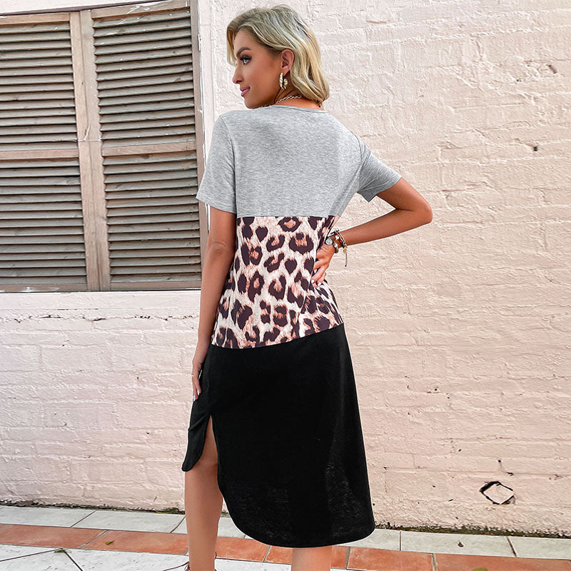 Damen Leoprint Kleid Kurzärmelig Hochgeschlossen