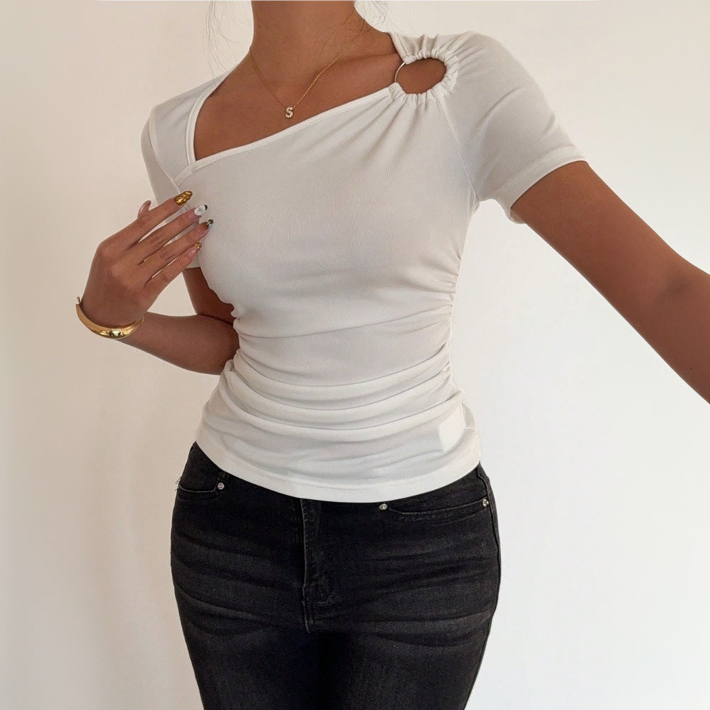 Damen Kurzarmshirt Asymmetrischer Ausschnitt Raffung Norvielle - Norvielle