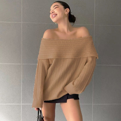 Damen Strickpullover Oversized Schulterfrei Rippstruktur Beige