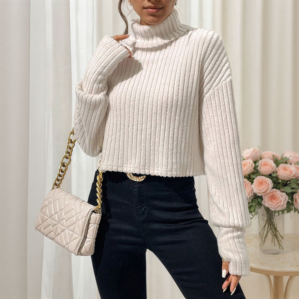Damen Pullover Cropped mit Rippstruktur und hohem Kragen Norvielle
