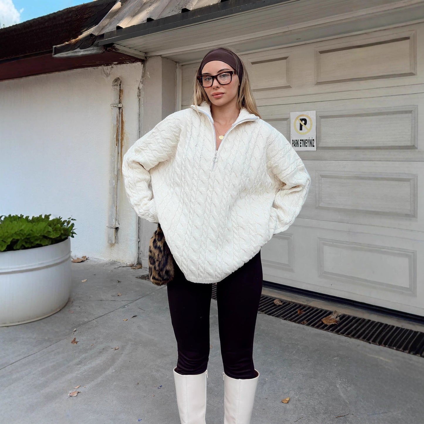 Damen Strickpullover Doppelreißverschluss Hochkragen Norvielle
