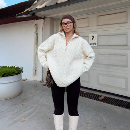 Damen Strickpullover Doppelreißverschluss Hochkragen Norvielle