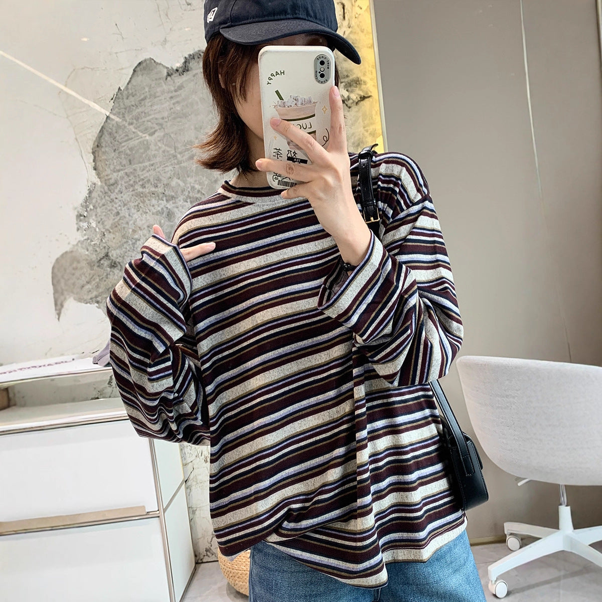 Damen Langarmshirt Streifenmuster Baumwolle Modern Weiß