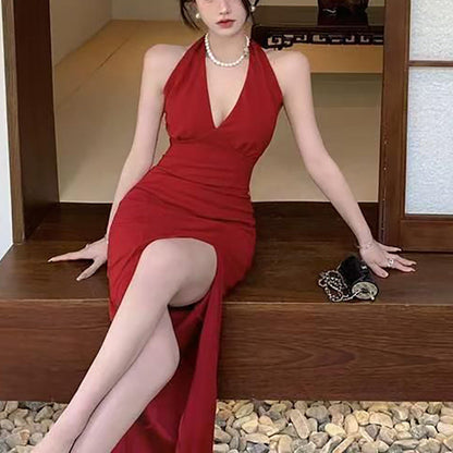 Damen Maxikleid V-Ausschnitt Seitenschlitz Elegantes Abendkleid - Norvielle