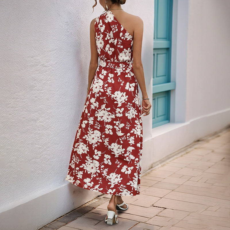Damen Maxikleid Asymmetrischer Ausschnitt Florales Muster