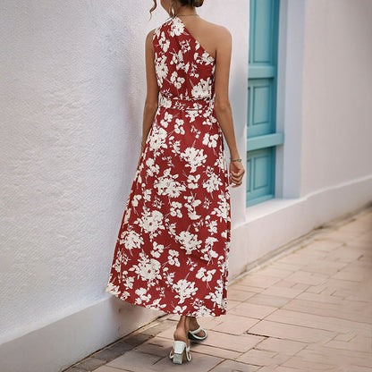 Damen Maxikleid Asymmetrischer Ausschnitt Florales Muster
