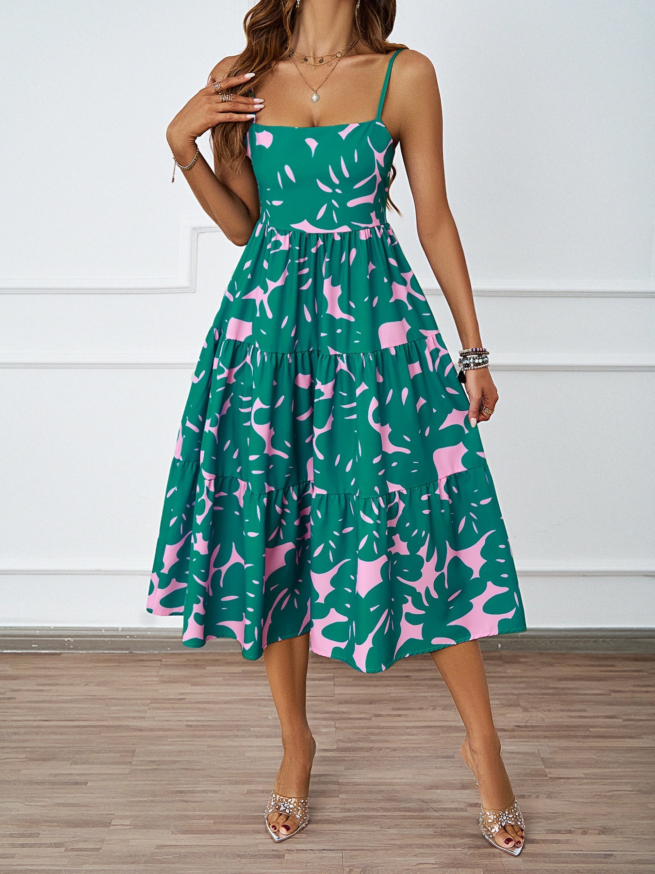 Damen Midikleid mit Blumenmuster Voluminöser Rock