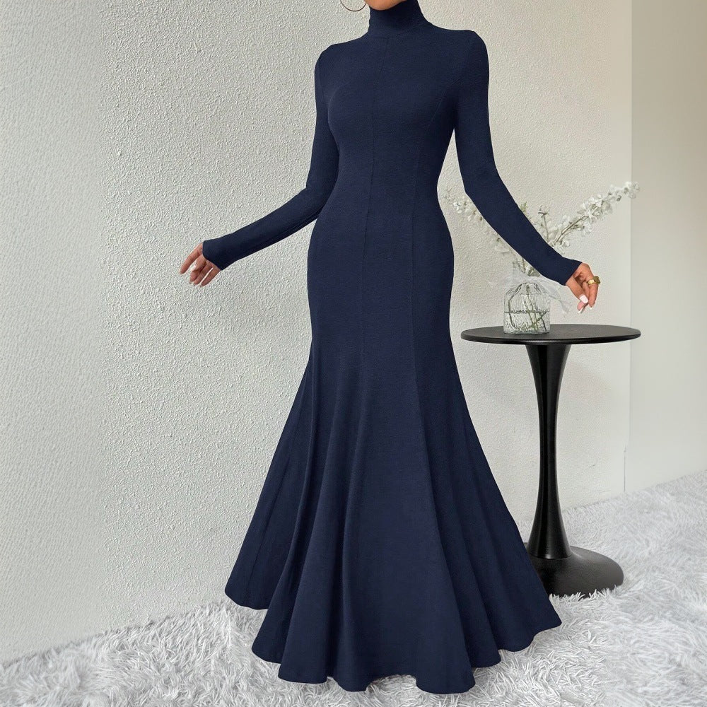 Damen Maxi-Kleid Langarm Hochkragen Schwingender Saum Norvielle - Norvielle