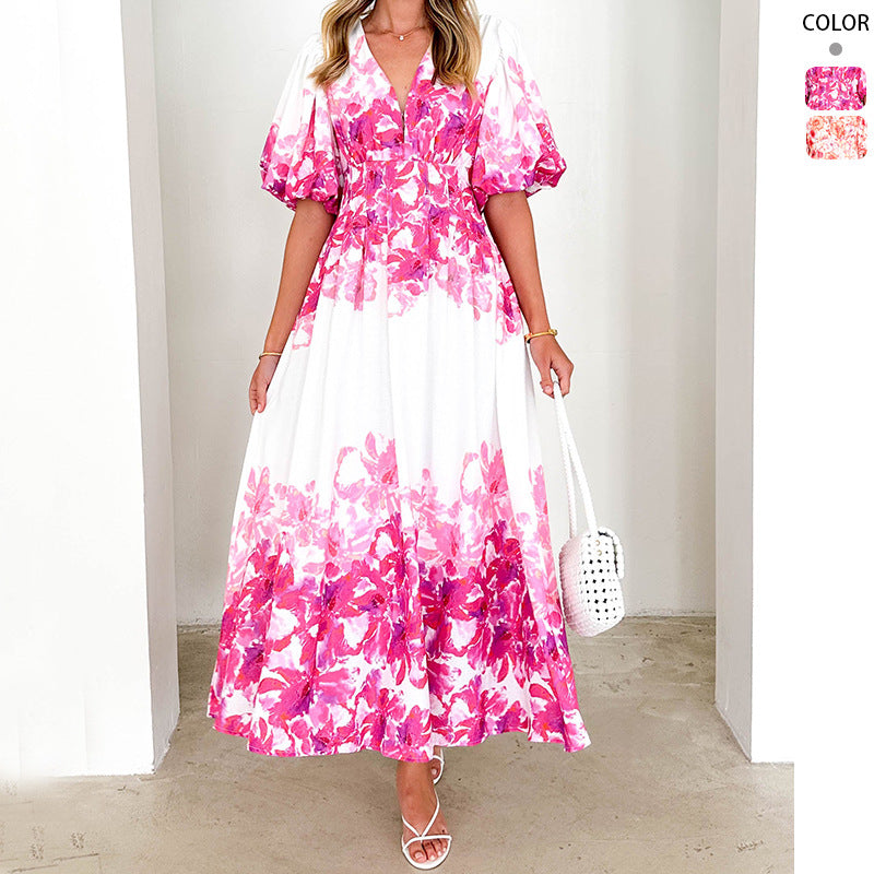 Damen Maxikleid Voluminöse Puffärmel Florales Design - Norvielle