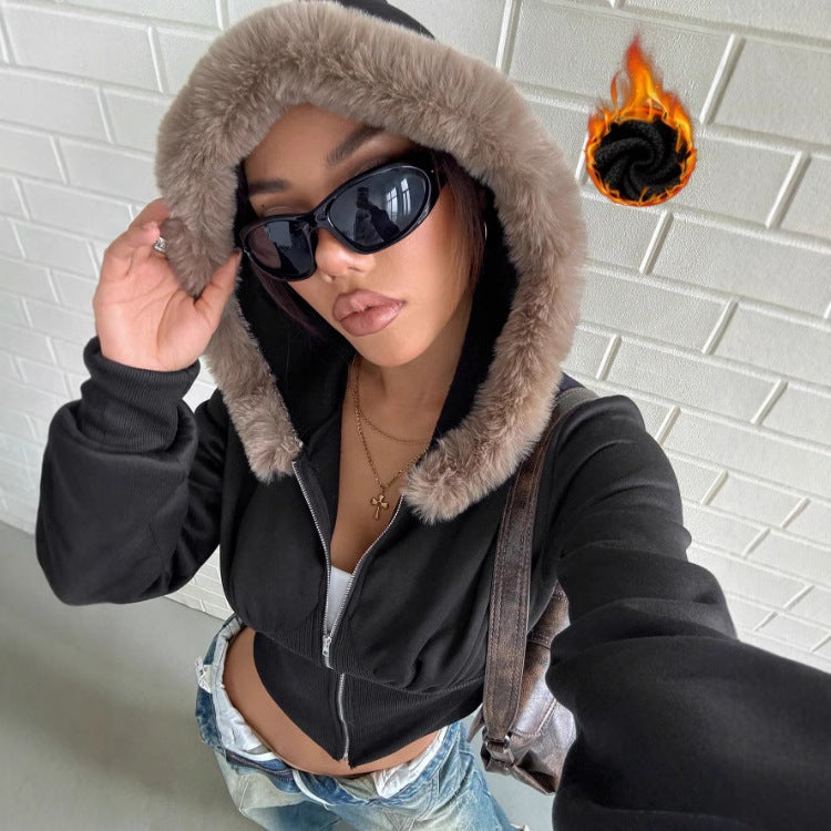 Damen Cropped Hoodie Fellbesatz Schwarz - Norvielle