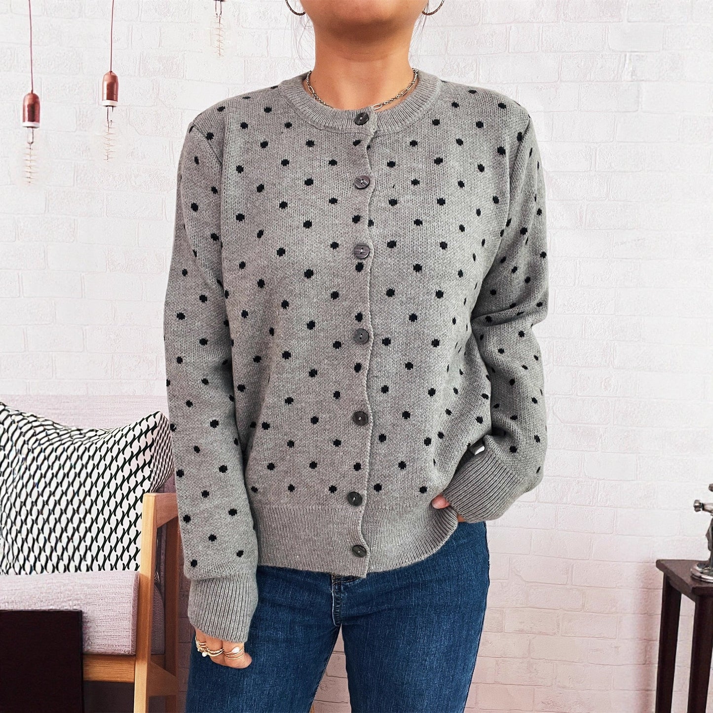Damen Strickjacke Modern Punkte Knopfleiste Norvielle