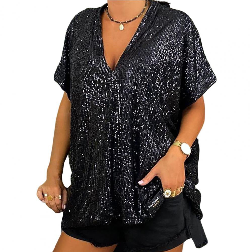 Damen Paillettentop Lässiger Schnitt V-Ausschnitt Glitzernd Norvielle
