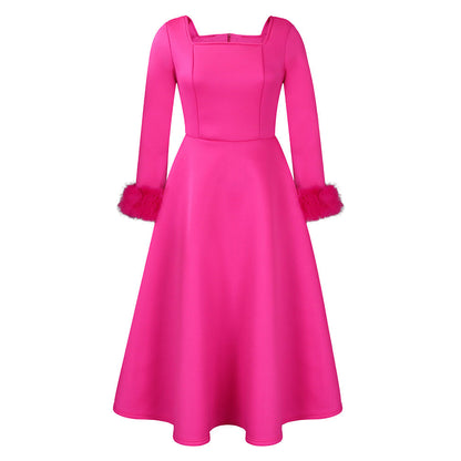 Damen Kleid Quadratischer Ausschnitt Fuchsfell Ärmel