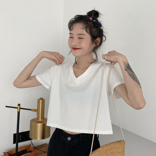 Damen T-Shirt Kurzarm V-Ausschnitt Lässig