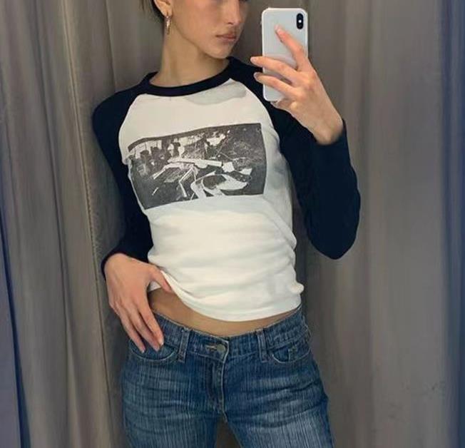 Damen Langarmshirt Kreatives Grafikdesign Baumwolle Weiß