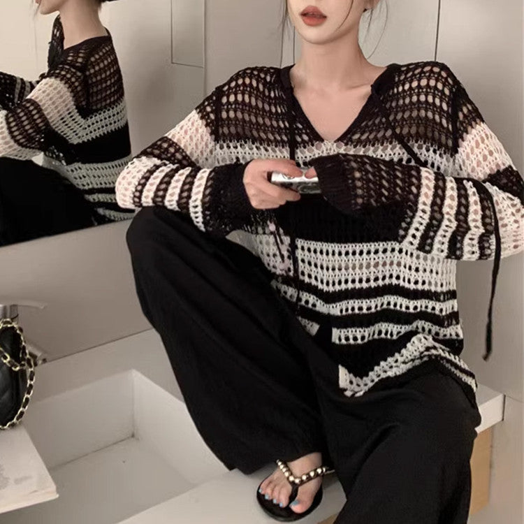 Damen Strickpullover Luftiger Netzdesign Langer Ärmel Norvielle