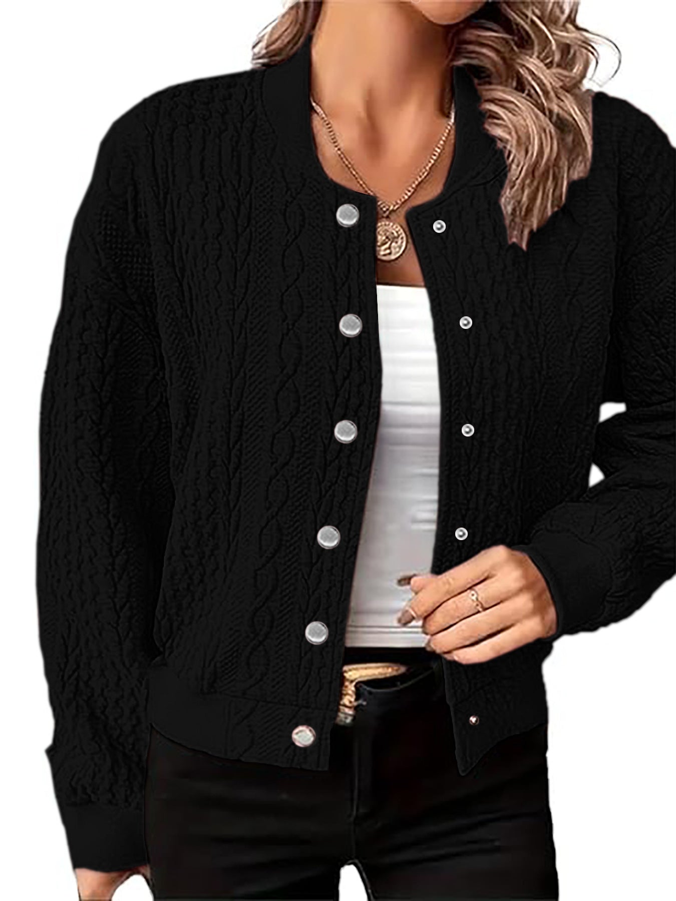 Damen Strickjacke Zopfmuster Druckknopfverschluss Beige Norvielle