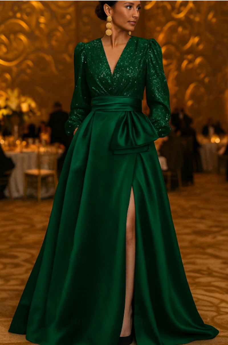 Damen Abendkleid mit V-Ausschnitt und Schlitz schimmernd