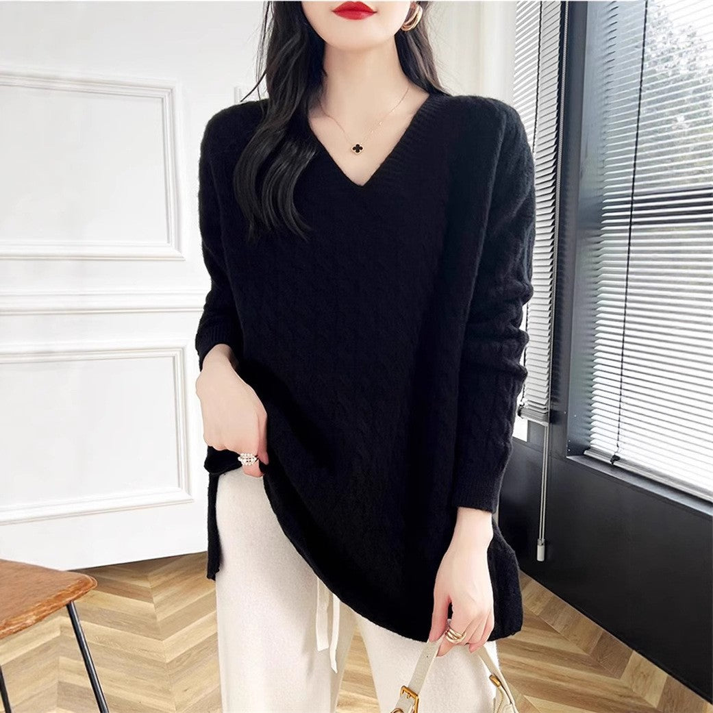 Damen Grobstrickpullover V-Ausschnitt Strukturierter Look Norvielle
