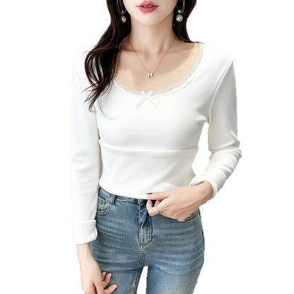 Damen Langarmshirt Spitzendetail Elegantes Oberteil Weiß