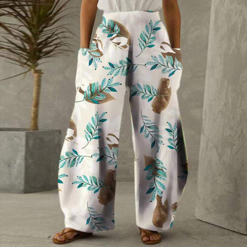 Damen Weite Blumenhosen Mit Taschen Elastischer Bund