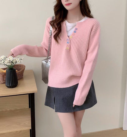 Damen Kuschel-Pullover Rundhalsausschnitt Knopfleiste Norvielle