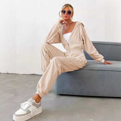 Damen Velours-Jumpsuit mit Kapuze elastisch Norvielle