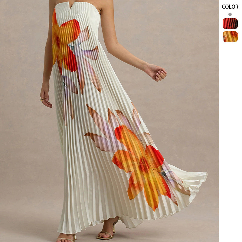 Damen Plisseekleid Trägerlos Floralmuster Norvielle - Norvielle