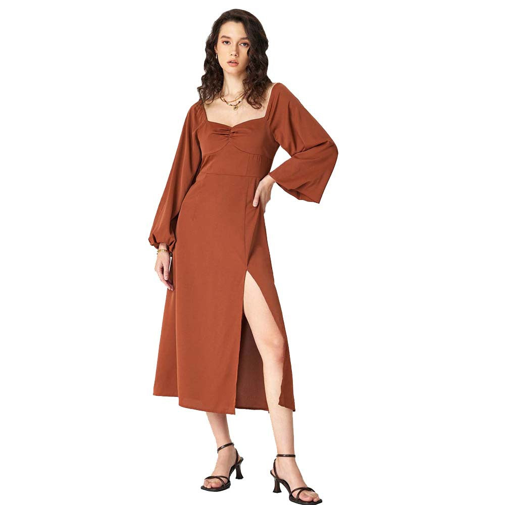 Damen Midi-Kleid Puffärmel Hohem Schlitz Norvielle