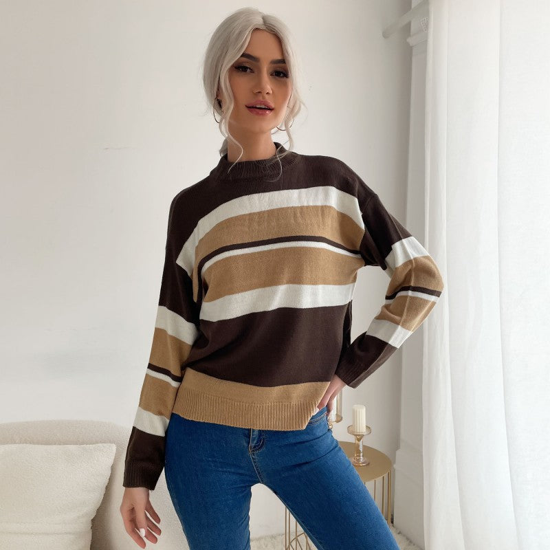 Damen Strickpullover Farbiges Streifenmuster Hochkragen