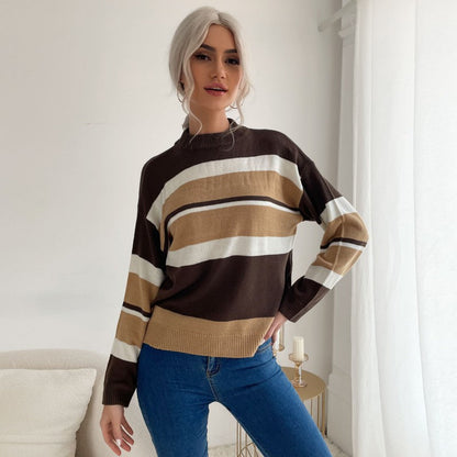 Damen Strickpullover Farbiges Streifenmuster Hochkragen
