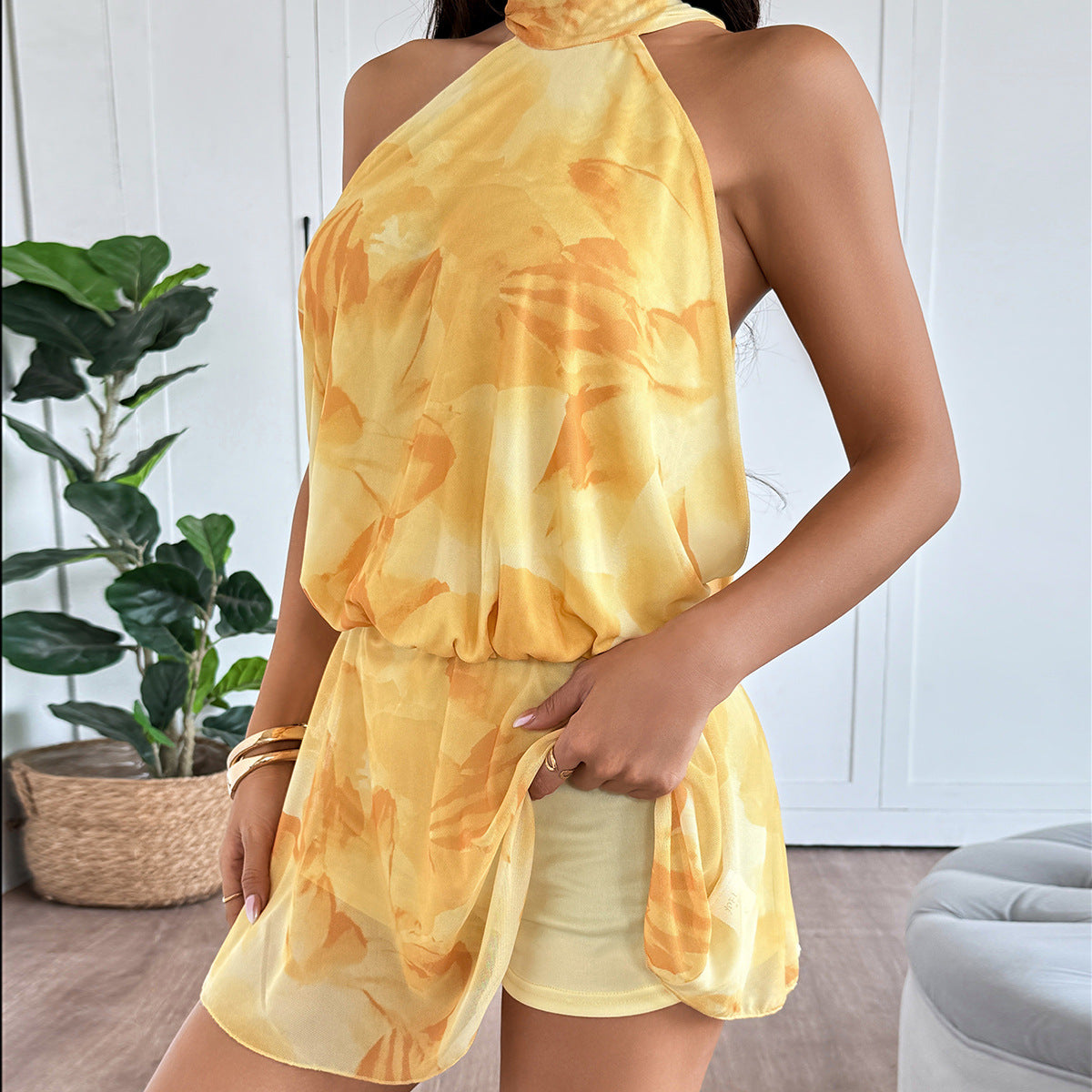 Damen Strandkleid Hochgeschlossen Rüschensaum Norvielle