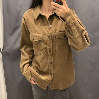 Damen Kordjacke Lässig Brusttaschen Beige