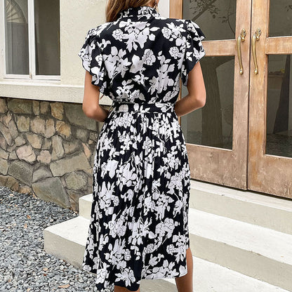 Damen Blumenkleid Rüschendetails Bindegürtel Norvielle