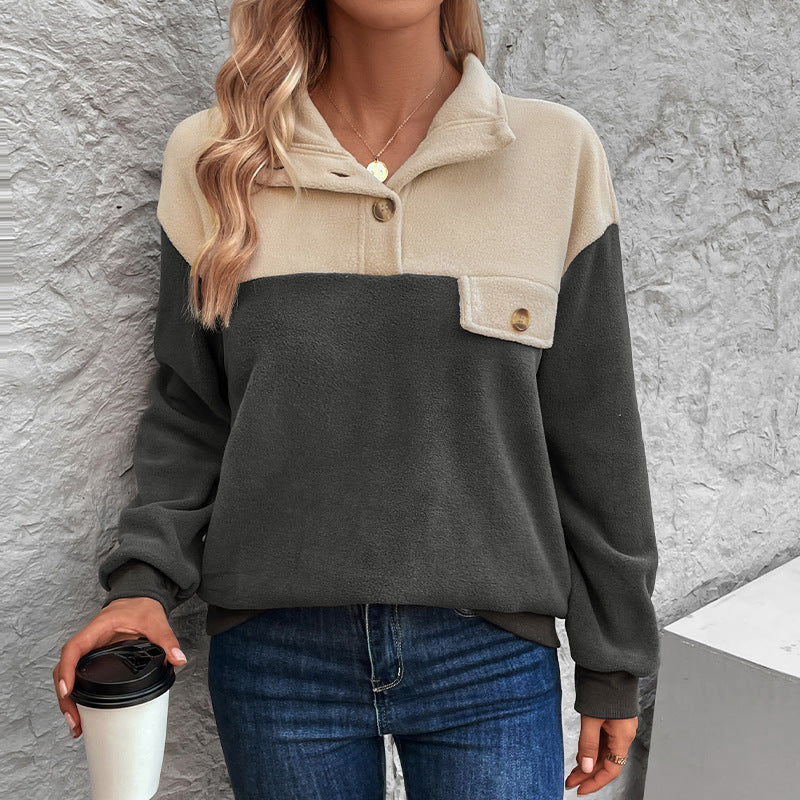 Damen Fleecepullover Knopfverschluss Taschen Norvielle