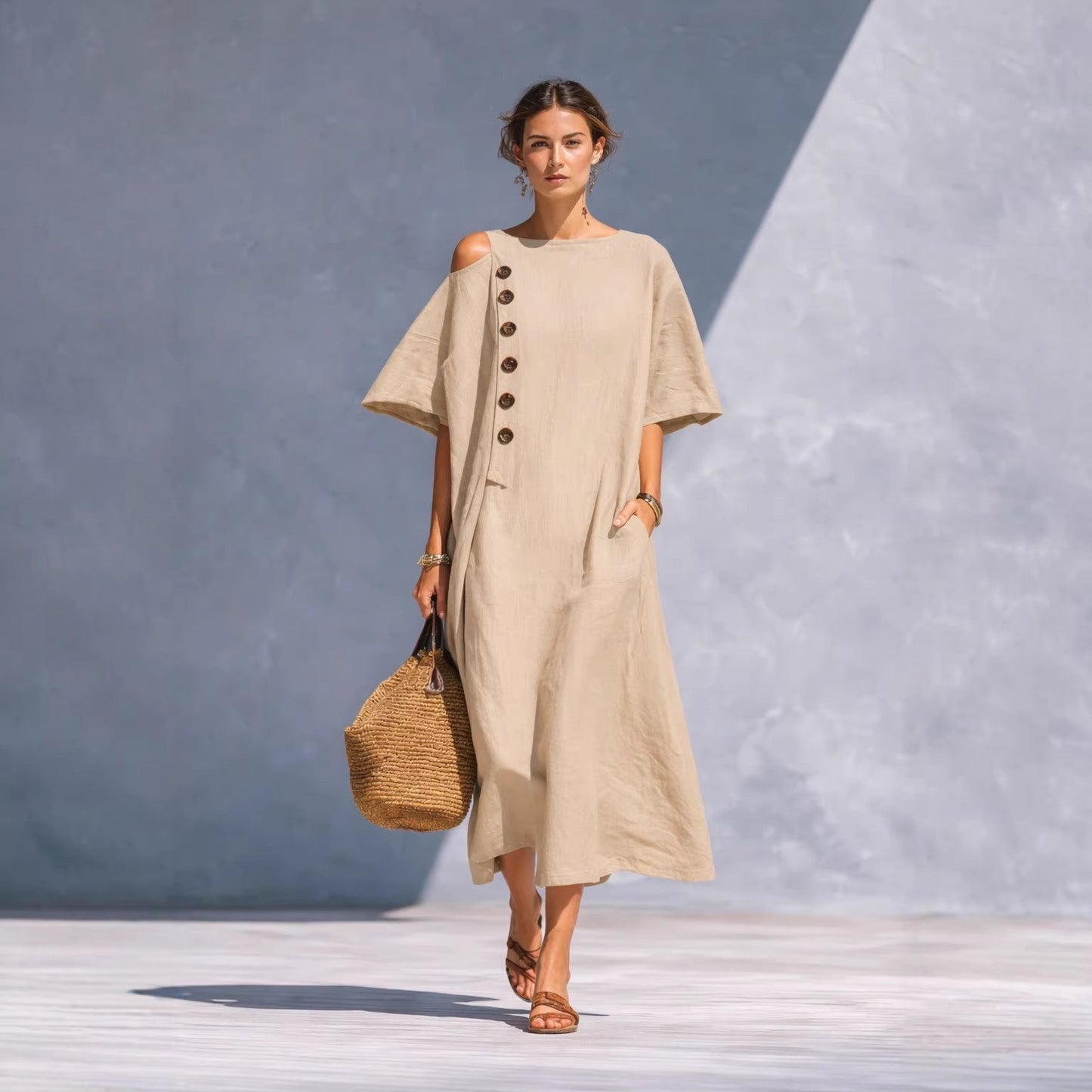 Damen Oversize Langarmkleid Asymmetrischer Ausschnitt Knöpfe