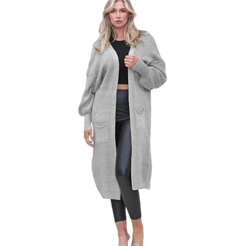 Damen Grobstrick Cardigan Offene Taschen Lässig Beige