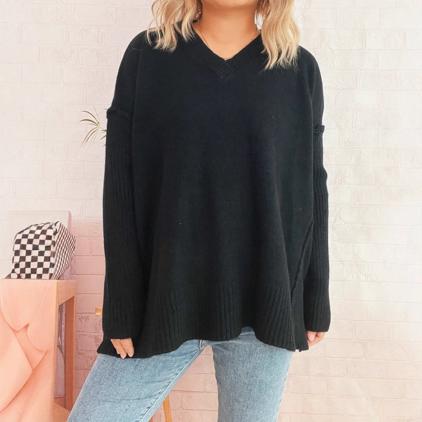 Damen Pullover V-Ausschnitt Strukturierte Ärmel Weite Passform Beige