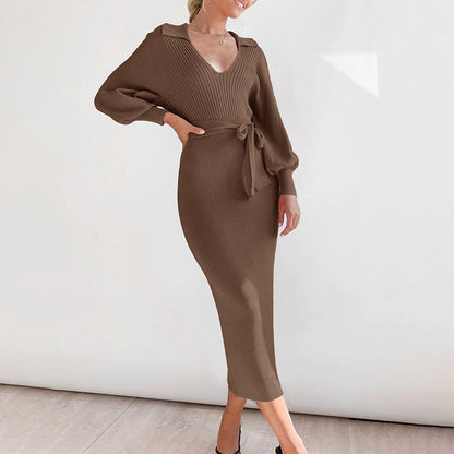 Damen Strickkleid V-Ausschnitt Elegantes Taillieren Norvielle