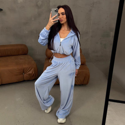 Damen Velours-Loungewear-Anzug Cropped Oberteil Weite Hose Norvielle