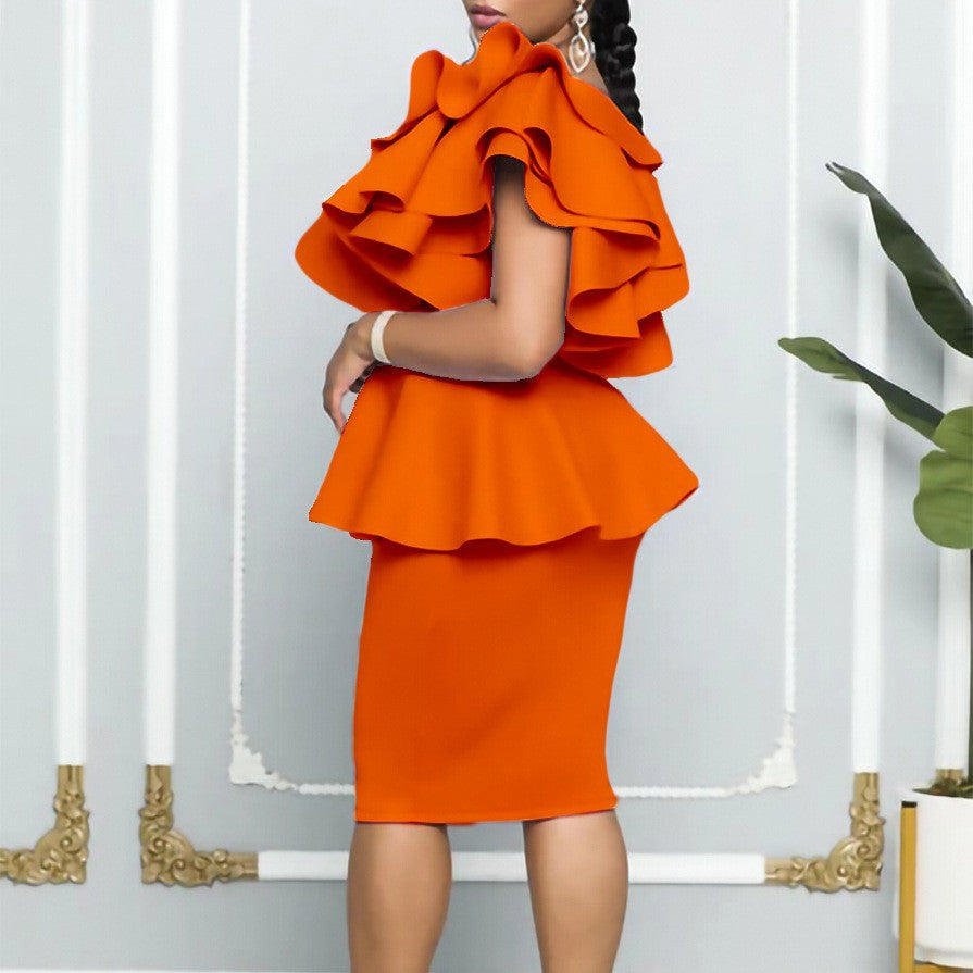 Damen Peplum Kleid Asymmetrischer Rüschenärmel Norvielle